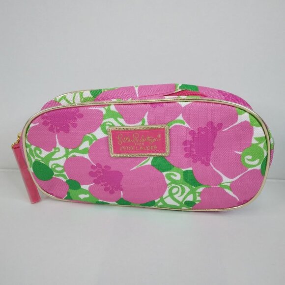 LILLY PULITZER For Estee Lauder Metallic Floral Makeup Cosmetic Bag LIKE NEW - Picture 1 of 13